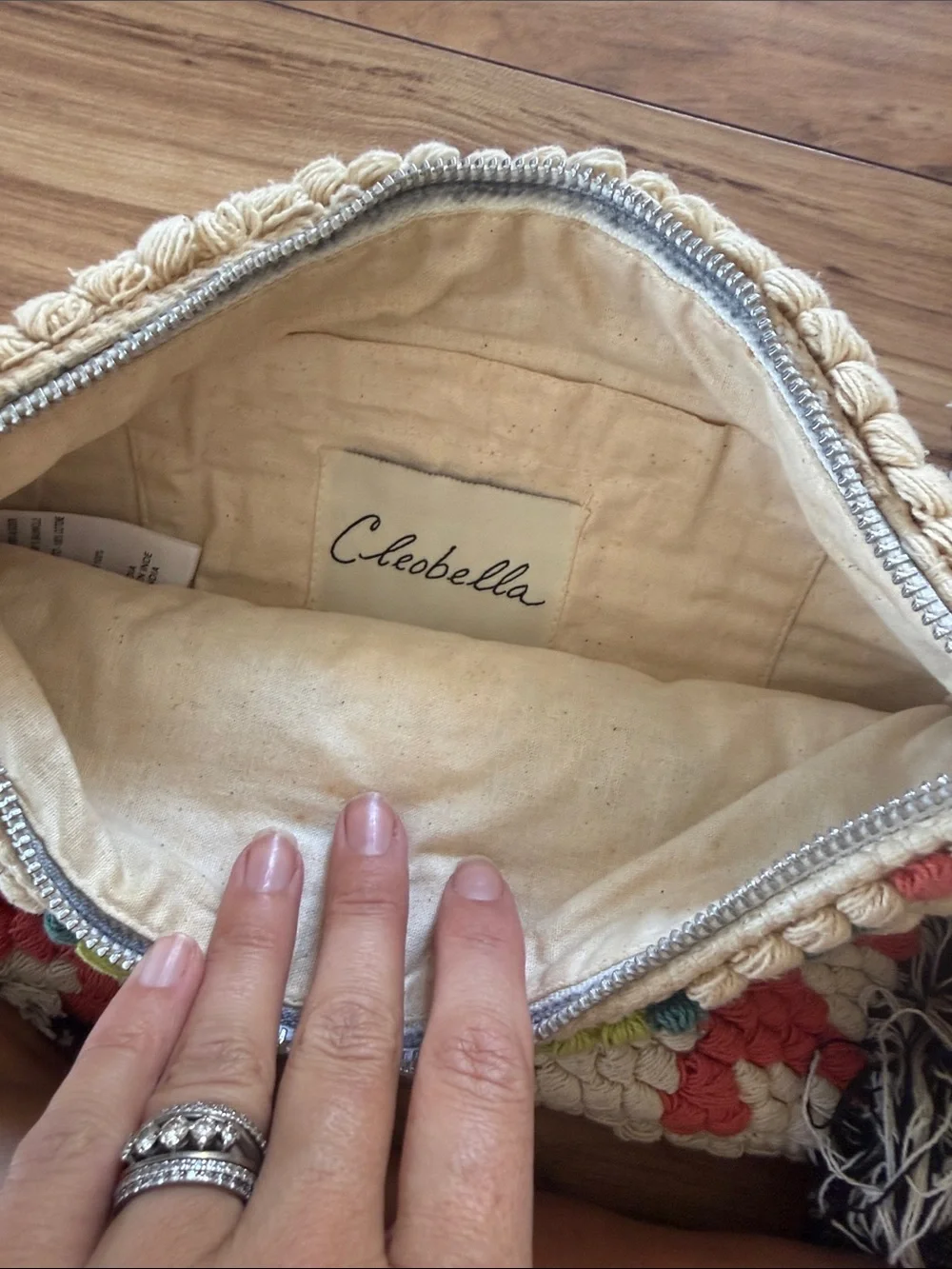 Cleobella Cream, Green & Coral Handwoven Tassel Clutch